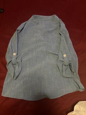 SHEIN Blue Chambray V-Neck Button-Sleeve Blouse